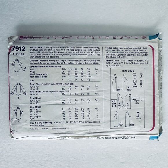 Vintage Simplicity Sewing Pattern 7912 Misses Top Stitched Shirt Sz 14 - Picture 2 of 2